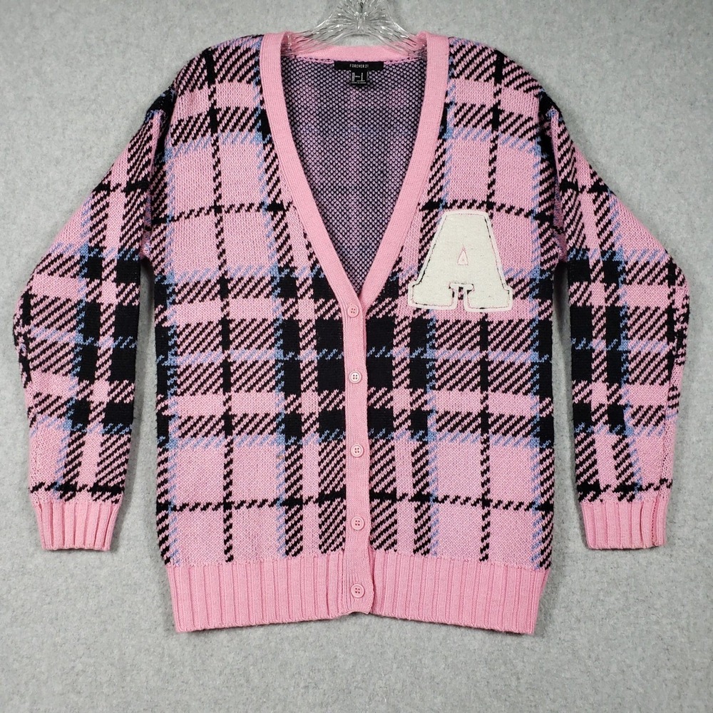 Forever 21 Plaid Cardigan S Pink Black Button Up Sweater Barbiecore Preppy Y2K - Picture 2 of 10